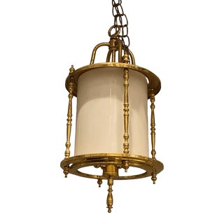 Vintage Large Brass Frosted Shade Foyer Hallway Ceiling Pendant Light For Sale