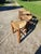 4 vintage tripod stools in wood and straw, circa 1950, Height: 46 cm, Diameter: 49 cm, Weight: 4 kg each, very good condition