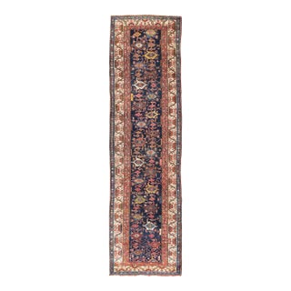 Red, Blue, and Ivory Antique Persian Bidjar Runner With All-Over Geometrics 3'11"x14'3" For Sale