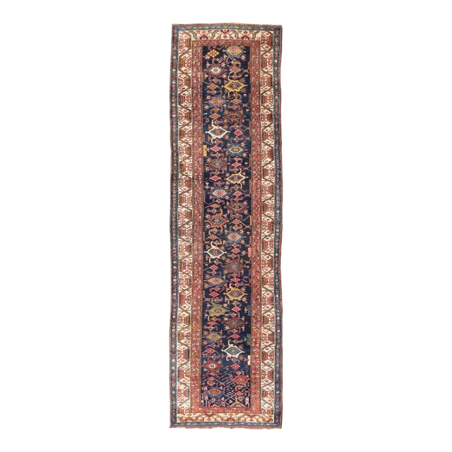 Red, Blue, and Ivory Antique Persian Bidjar Runner With All-Over Geometrics 3'11"x14'3" For Sale