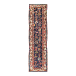 Red, Blue, and Ivory Antique Persian Bidjar Runner With All-Over Geometrics 3'11"x14'3"