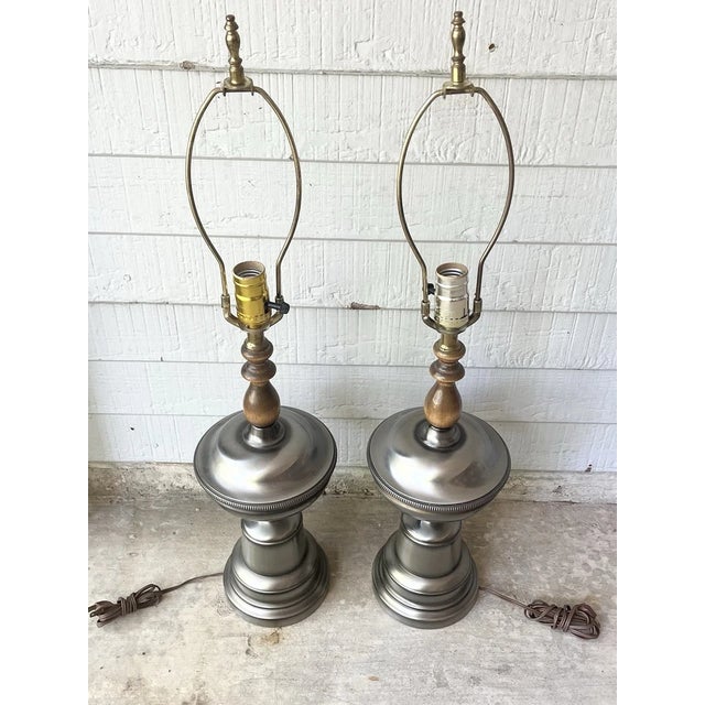 1960s Mid-century Hollywood Regency-Style Wood & Gray Metal Leviton Lamps 29” Good vintage condition. Tested and works....