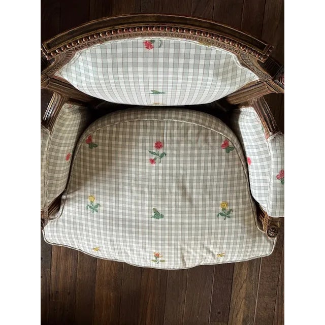 Late 19th-Century French Louis XV-Style Giltwood Bergère, Gray-Green Upholstery For Sale - Image 4 of 12