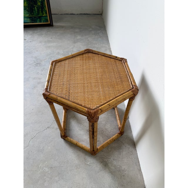 Vintage Bamboo & Rattan Hexagon Side Table For Sale - Image 10 of 13