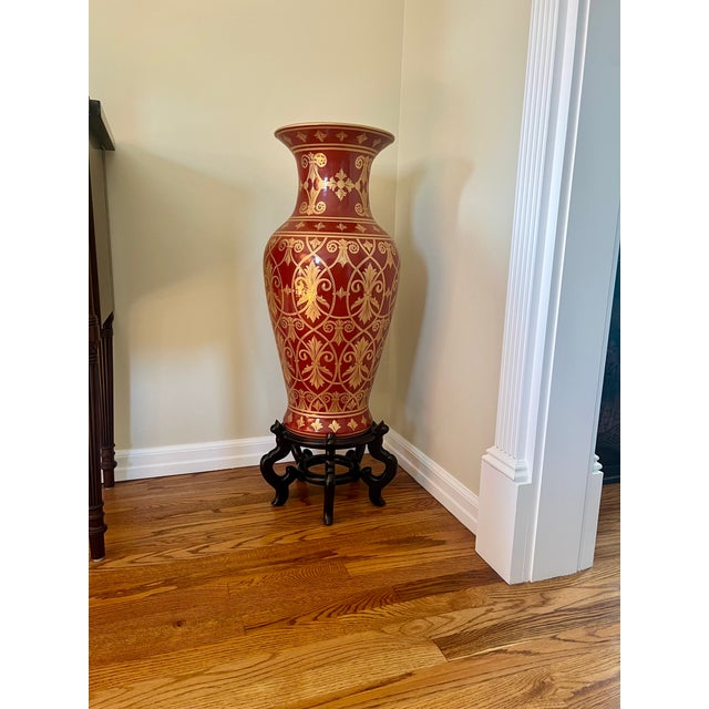 Large Hand-Decorative Red & Gold Floor Vase With Wood Stand For Sale - Image 4 of 4