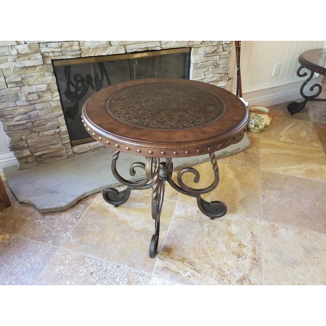 Nailhead Trim Leather Wrapped Side Table With Scrolling Metal Base