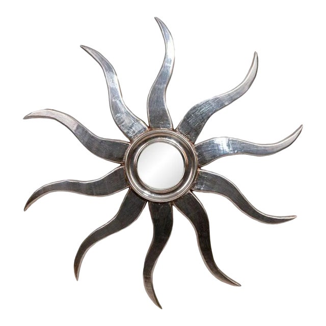 Silvered Wood Sunburst Mirror For Sale