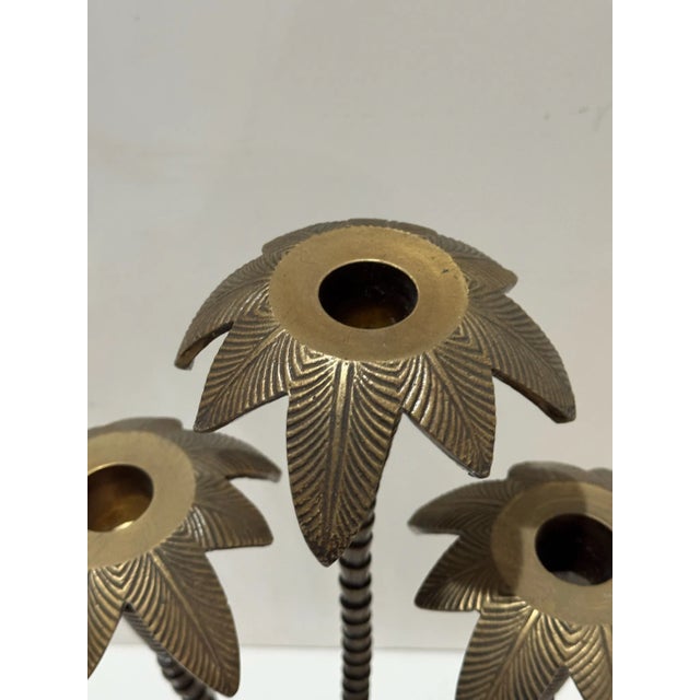 Late 20th Century Vintage Brass Palm Tree Candlestick Trio Sculpture Tropical Modern Decor For Sale - Image 5 of 6