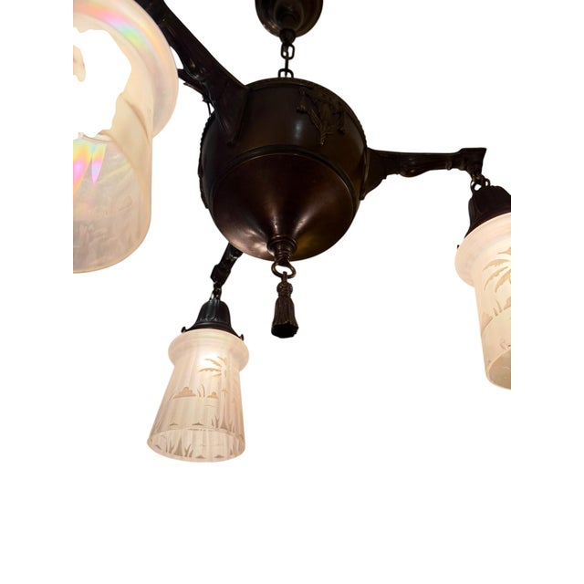 Brass Circa 1910’s Art Nouveau Chandelier With Etched Palm Motif Shades For Sale - Image 8 of 9