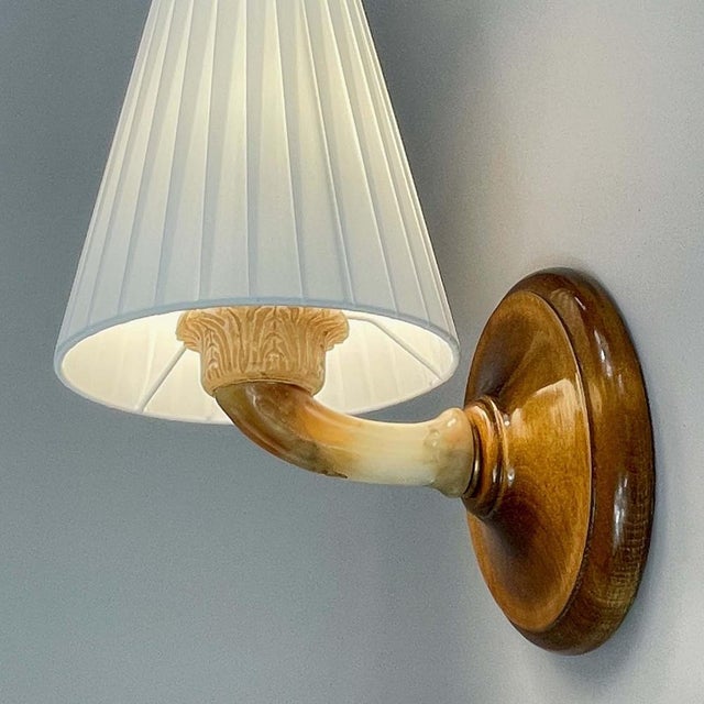 Wood Alabaster, Birch and Pleated Fabric Wall Light, Sweden, 1920s For Sale - Image 7 of 18