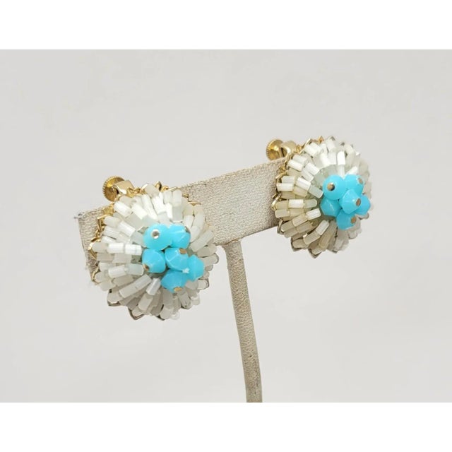 Vintage 1960s Signed Vendome White & Turquoise Beaded Clip Earrings - 2 Pieces For Sale In Philadelphia - Image 6 of 9