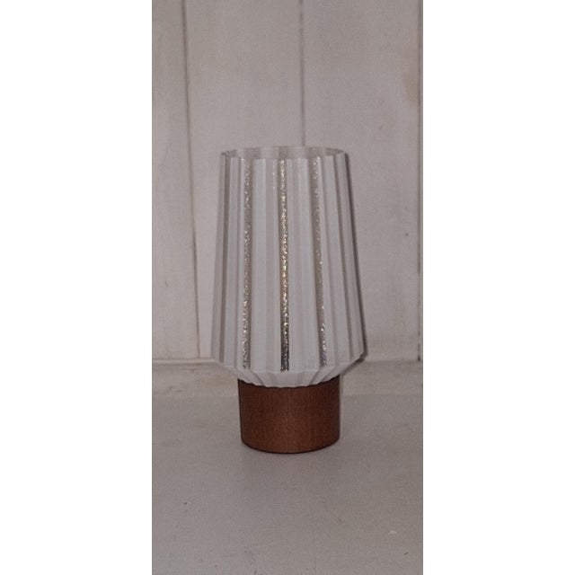 Mid-Century Table Lamp with Teak Base and White Striped Glass Shade, 1960s, in Very Good conditions. Designed 1960 to 1969...