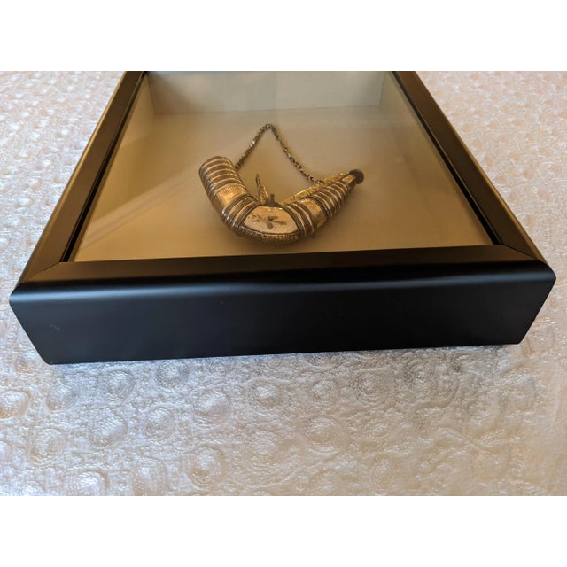 Silver Vintage Early 20th Century Metal Powder Horn From Yemen in Shadow Box Frame For Sale - Image 8 of 13