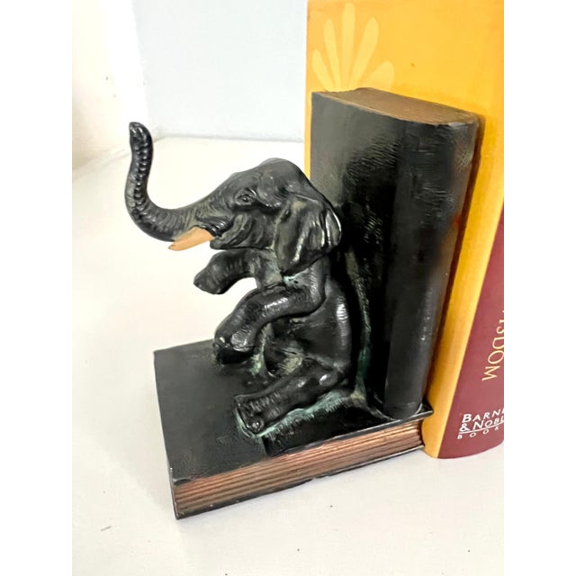 Metal Pair of Bookends Bronze Elephants Sitting with Books For Sale - Image 7 of 10