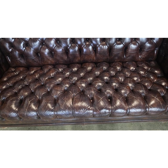 Late 20th Century Classic Chesterfield Brown Top Grain Leather Tufted Leather Sofa Nail Head Trim For Sale In Cleveland - Image 6 of 11