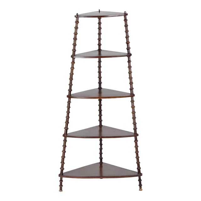 Antique 1900s Victorian 5-Tier Wooden Spool Corner Shelf W/ Eye-Screw Hooks for Hanging - 46" H Folk Art Handmade Curio Shelving Display For Sale