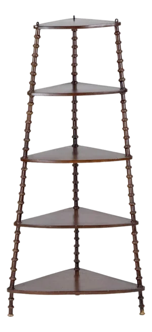 Antique 1900s Victorian 5-Tier Wooden Spool Corner Shelf W/ Eye-Screw Hooks for Hanging - 46" H Folk Art Handmade Curio Shelving Display