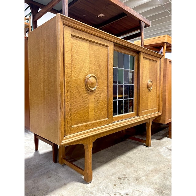 Tall Danish Scandinavian Oak Tall Cabinet or Sideboard. Original stained glass. 61w 18d 45h