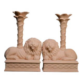 Italian Terracotta Palm Tree Lion Candle Holders - A Pair For Sale