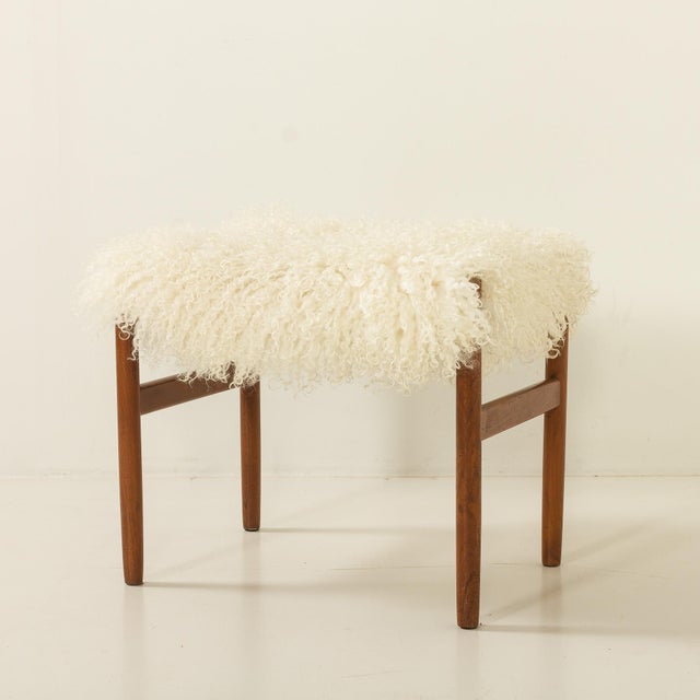 Mid-Century Danish Teak Ottoman in Long Hair Sheepskin, 1960s For Sale - Image 6 of 11