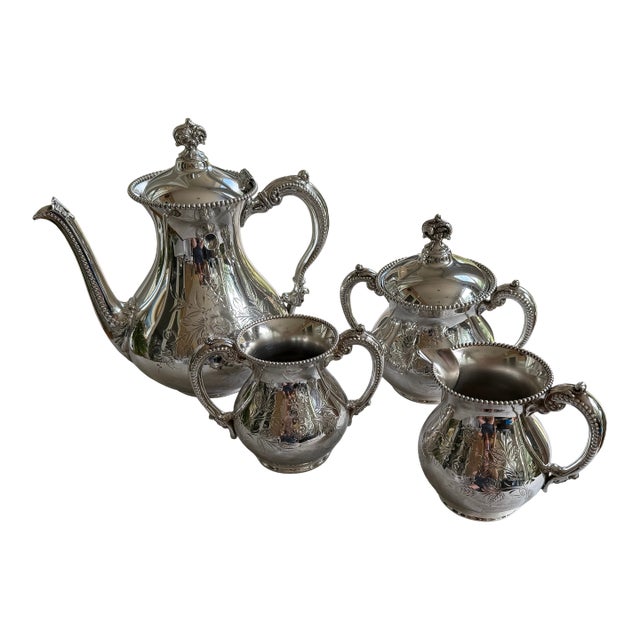 Antique Barbour Silver Co. Quadruple Plate Coffee Service, Floral Engraved, C. 1890–1910 - 4 pcs For Sale