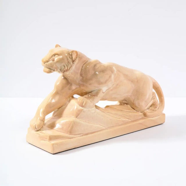 Terra Cotta Art Deco Pale Terracotta Ceramic Sculpture of Stylized Pouncing Tiger For Sale - Image 8 of 13