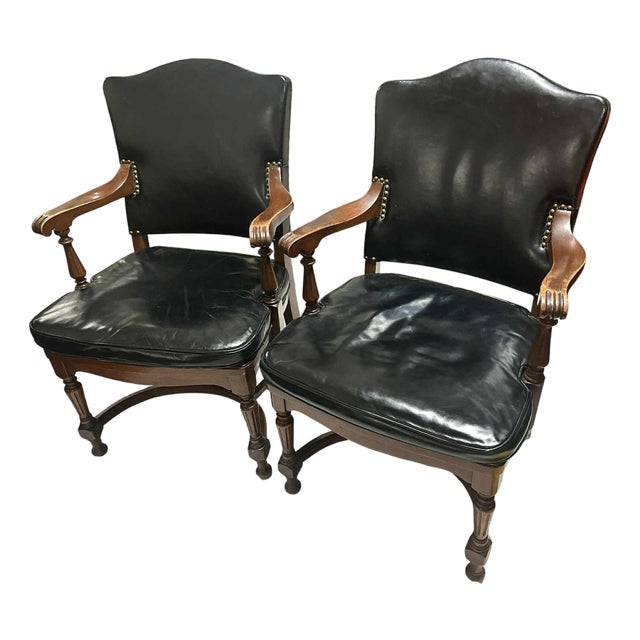 Antique Black Leather Collectible Armchairs by Colonial Chair Company Made in the Chicago Loop - Circa 1920 - A Pair For Sale