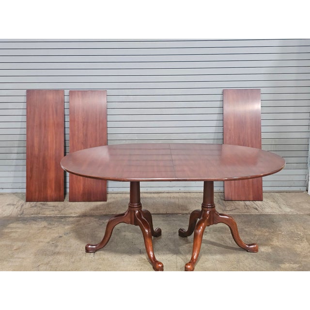 1990s Henkel Harris Wild Black Cherry Two Pedestal Dining Table 3 Leaves & Table Pads For Sale - Image 10 of 17