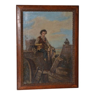 Mid 19th Century Oil Painting of a Young Mason on Lunch Break C.1860s For Sale