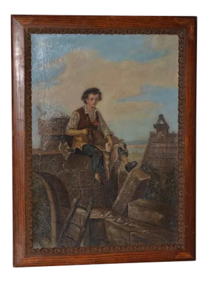 Mid 19th Century Oil Painting of a Young Mason on Lunch Break C.1860s