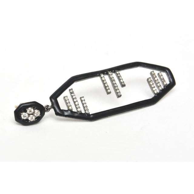 Vintage Art Deco English Black Enamel, Diamond and Sterling Silver Dangle Earrings For Sale - Image 4 of 8