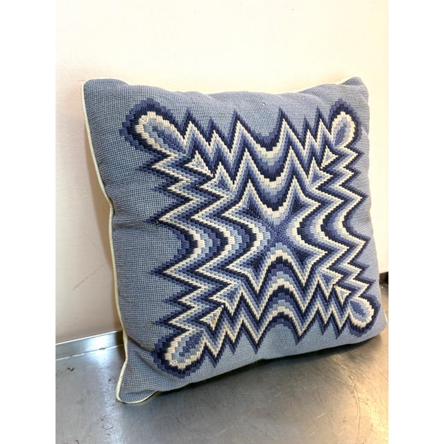 1960s blue/navy flamestitch starburst needlepoint throw pillow w/ silky ivory backing. Some minor discoloration spots on...