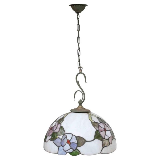 Copper Handcrafted Floral Stained Glass Pendant Lamp in the style of Tiffany, 1970s For Sale - Image 8 of 8