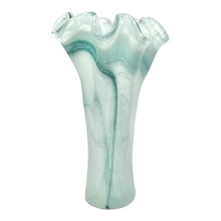 Contemporary Murano-Style Italian Sea Green Blue Ruffled Swirl Tall Vase For Sale