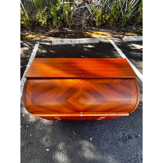 Mid Century Modern Teak Diamond Motif Rolltop Desk & Drawers With Lock + Key | by Egon Ostergaard Made in Sweden For Sale - Image 9 of 17
