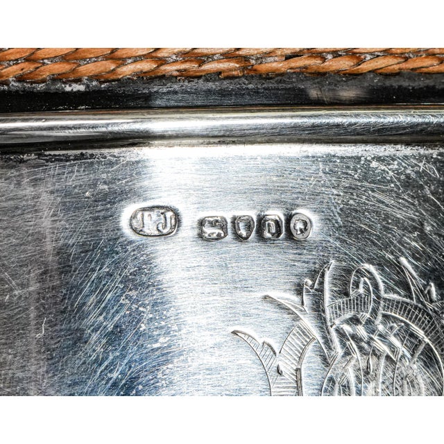 Charming Antique Sterling Silver Woven Rattan Victorian Armorial Coat of Arms Hip Flask For Sale - Image 10 of 12