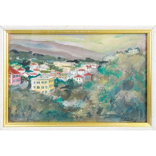 Signed painting by alberto salietti ligurian landscape, mixed media on cardboard, in a beautiful guilloché frame origin...