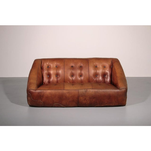 Brutalist Italian Brutalist Leather Loveseat Sculptural Two-Seater, 1970s For Sale - Image 3 of 13