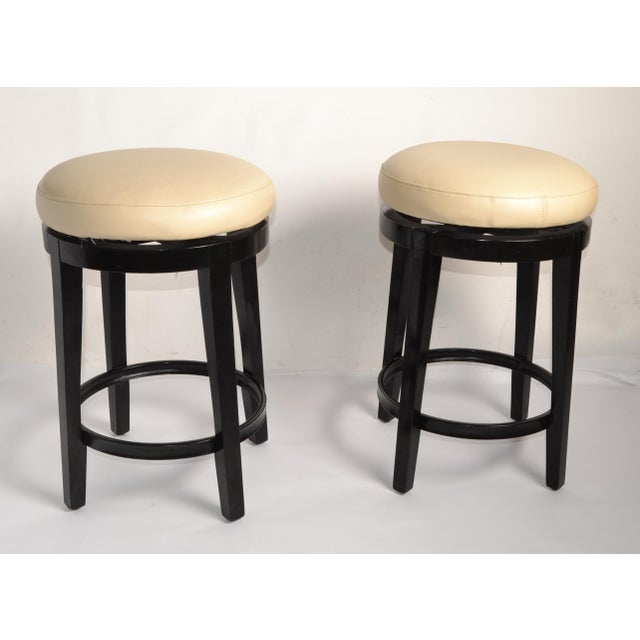 Pair, Vintage Swivel 24 Inch Kitchen Stools Black Wood Tan-Beige Faux Leather Seats For Sale - Image 11 of 16