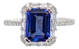 1.6ct Tanzanite Ring W Mixed Diamond Halo in Solid 14k White Gold | Em 8x6mm, Size 6.75