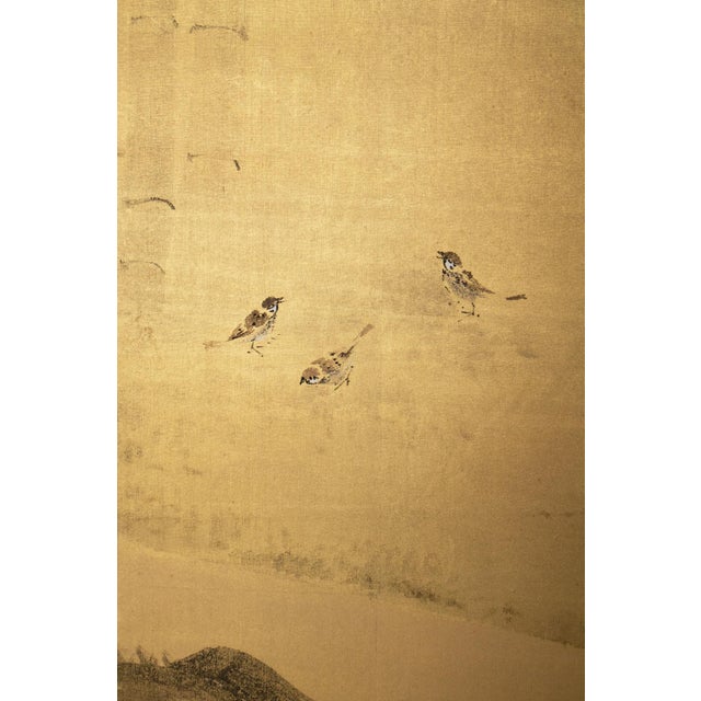 Wood 1970s Shōwa Era Japanese Byobu Screen, "Sparrows at Bamboo Forest" For Sale - Image 7 of 18