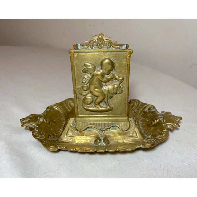 19th Century Antique 1800's Gilt Bronze Smoking Ashtray Cherub Match Safe Holder Stand Brass For Sale - Image 5 of 13