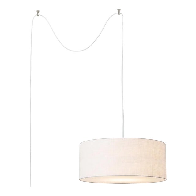 Stretch Swag Lamp, White Linen Shade, Satin Nickel, for Living Room or Bedroom For Sale