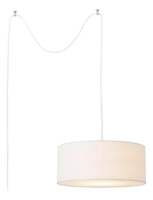 Stretch Swag Lamp, White Linen Shade, Satin Nickel, for Living Room or Bedroom