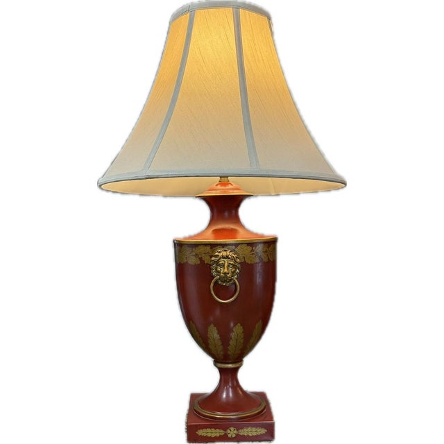 Neoclassical Vintage Neoclassical Brick Red Tole Urn Table Lamp With Lion Heads For Sale - Image 3 of 15