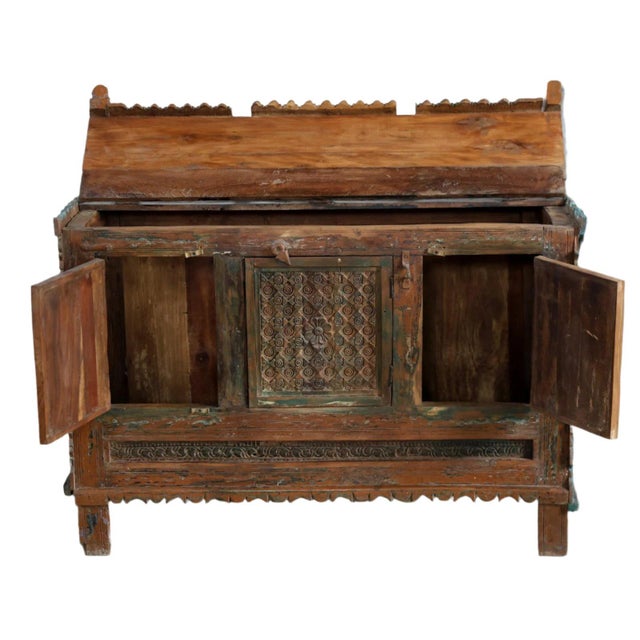 Mid-Century Modern Antique Indian Damchiya Chest – Hand-Carved Bridal Trunk Sideboard Console 52 For Sale - Image 3 of 8