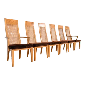 Milo Baughman Style Mid-Century Modern Burl Wood and Cane Dining Chairs by Lane, 1970s