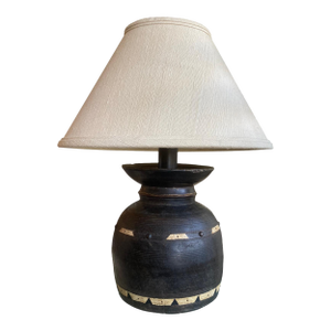 1990s Rustic Custom Lamp Made From Antique Indian Wood Milk Pot With Raw SiIk Shade