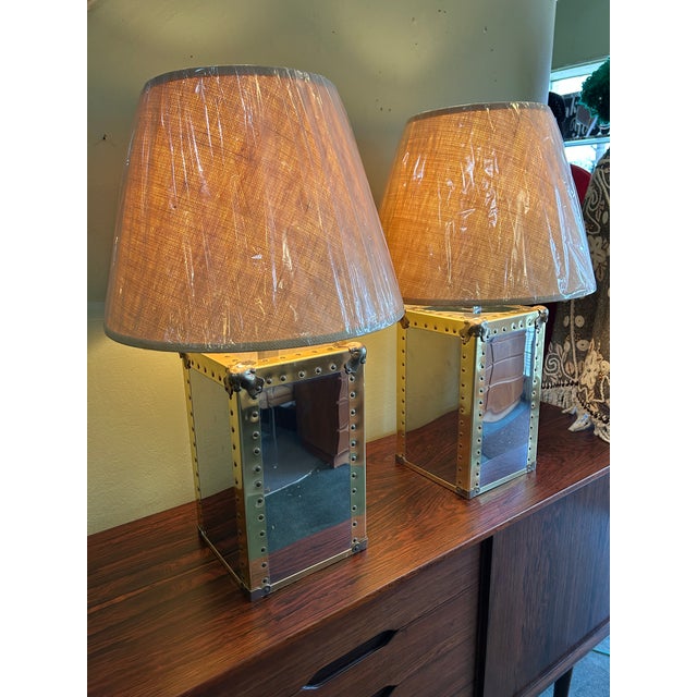 You are viewing a very cool pair of Brass + Chrome Mixed Metal Table Lamps by Raymor c1970s. The design features hazy...
