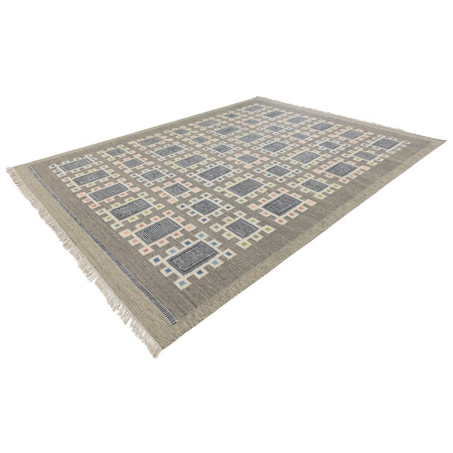 Modern Swedish Style Flatweave Wool Rug With Geometric in in Charcoal & Pastels For Sale - Image 11 of 11